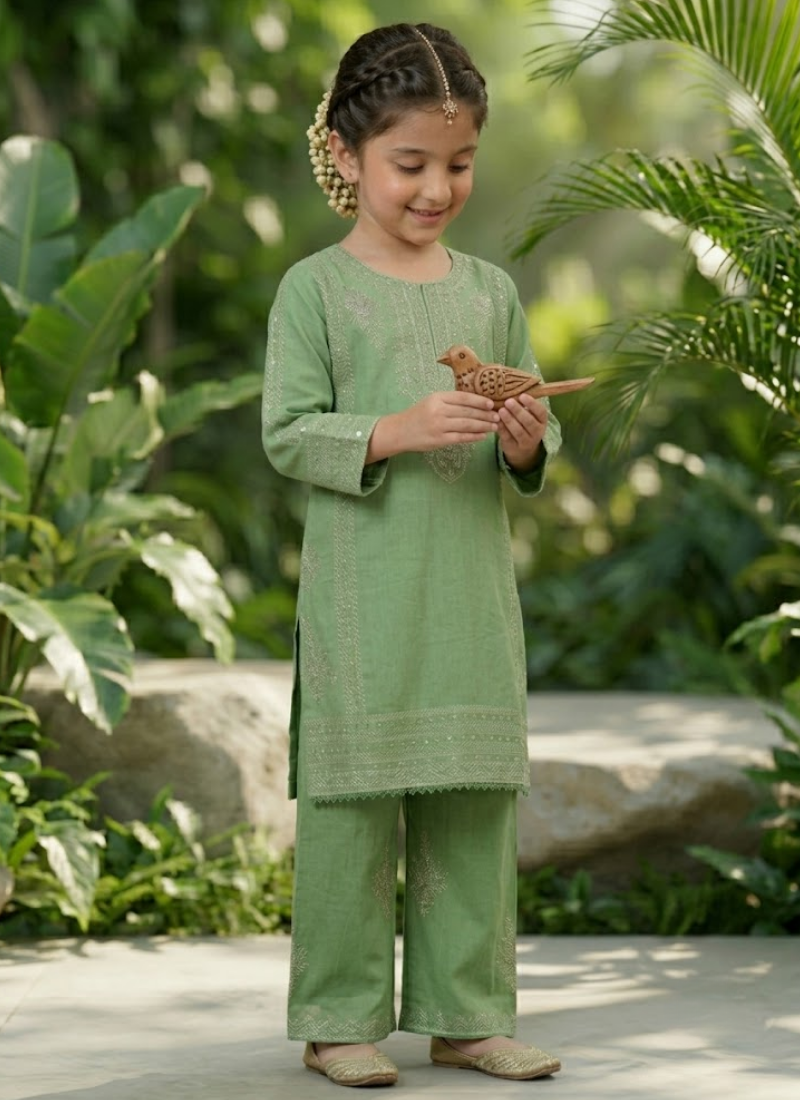 Girl’s 2‑Piece Embroidered Cotton Midi Shirt Set