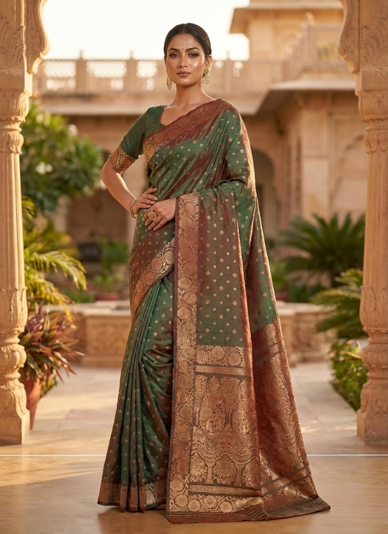 Green Katan Silk Saree with Zari and Blouse Piece
