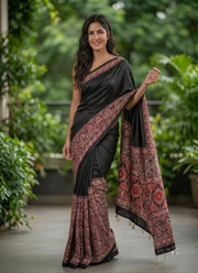 Ajrak Printed Silk Saree – Digital Print with Real Mirror Handwork & Satin Blouse 3