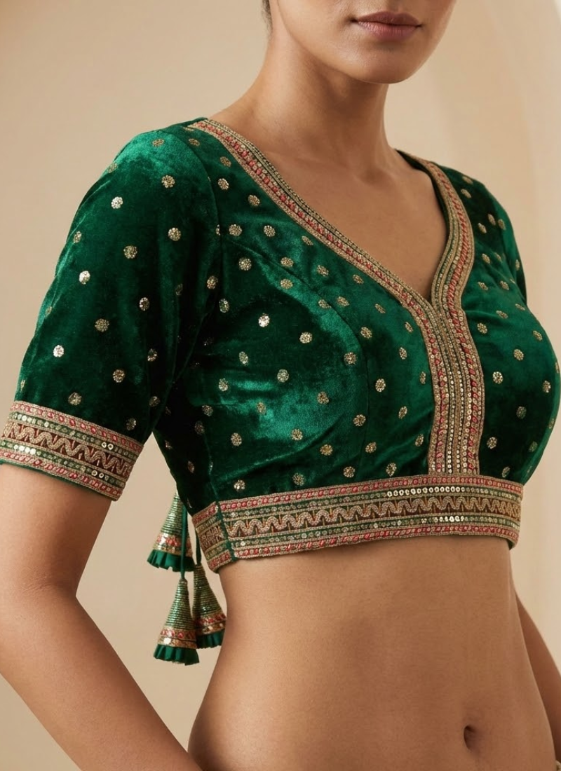 Elegant women’s blouse in pure velvet fabric, heavy embroidery and glitter sequence work, back open style.