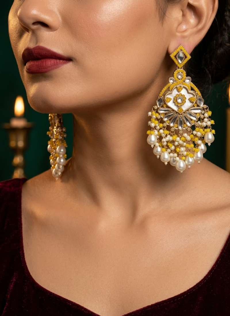 Yellow Kundan Earrings with Moti Work - View 2
