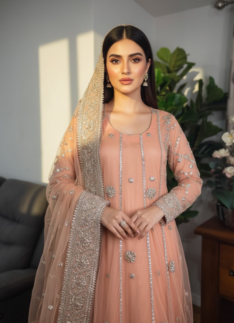 Pakistani Anarkali Dress – Peach Net Gota Patti
