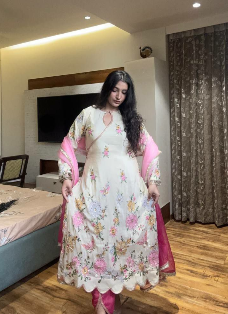 Churidar Suit in Chinon with Sequins Embroidery + Printed Organza Dupatta