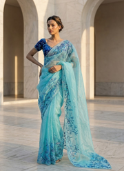 Aqua Blue Silk Saree with Floral Print, Beads & Katdana Handwork + Blouse Piece 6