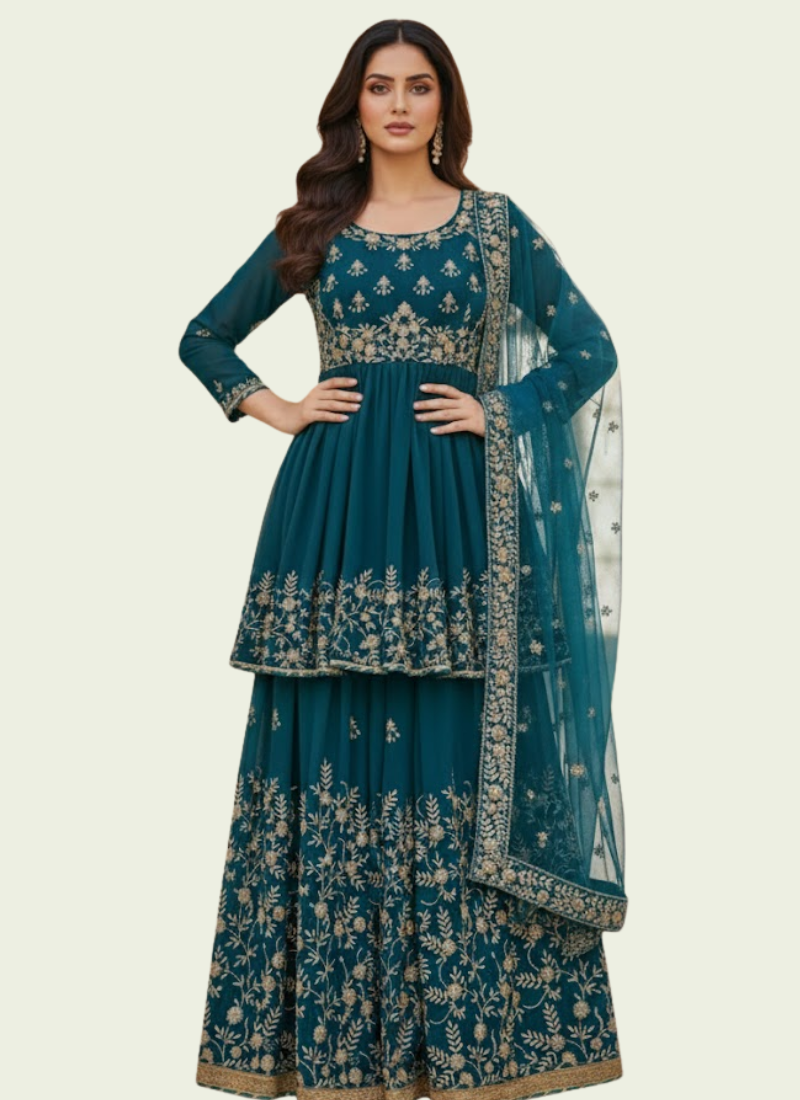 Sea Green Georgette Gharara with Embroidered Net Dupatta