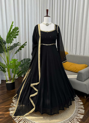 Black Anarkali Salwar Suit in Faux Georgette with Handwork & Diamond Lace Dupatta 7