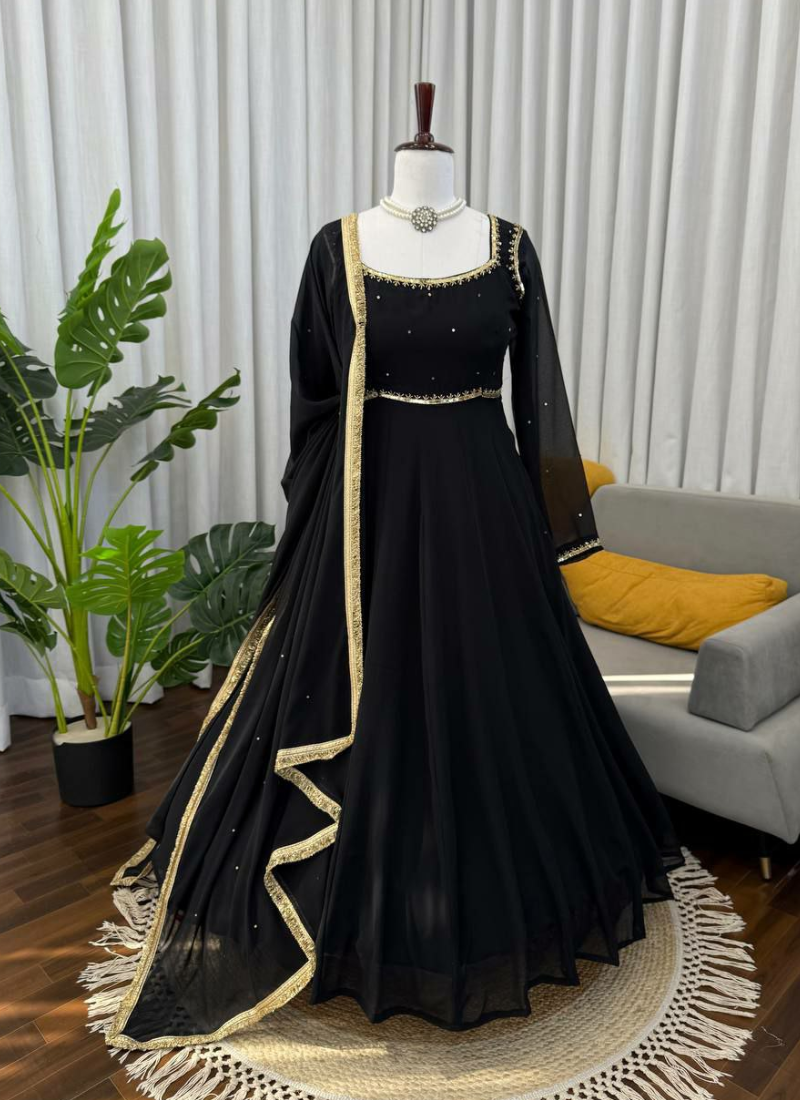 Black Anarkali Salwar Suit in Faux Georgette with Handwork & Diamond Lace Dupatta