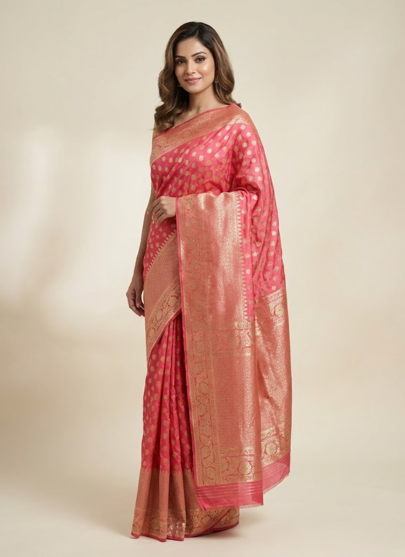 Red Banarasi Katan Silk Bridal Saree with Blouse Piece