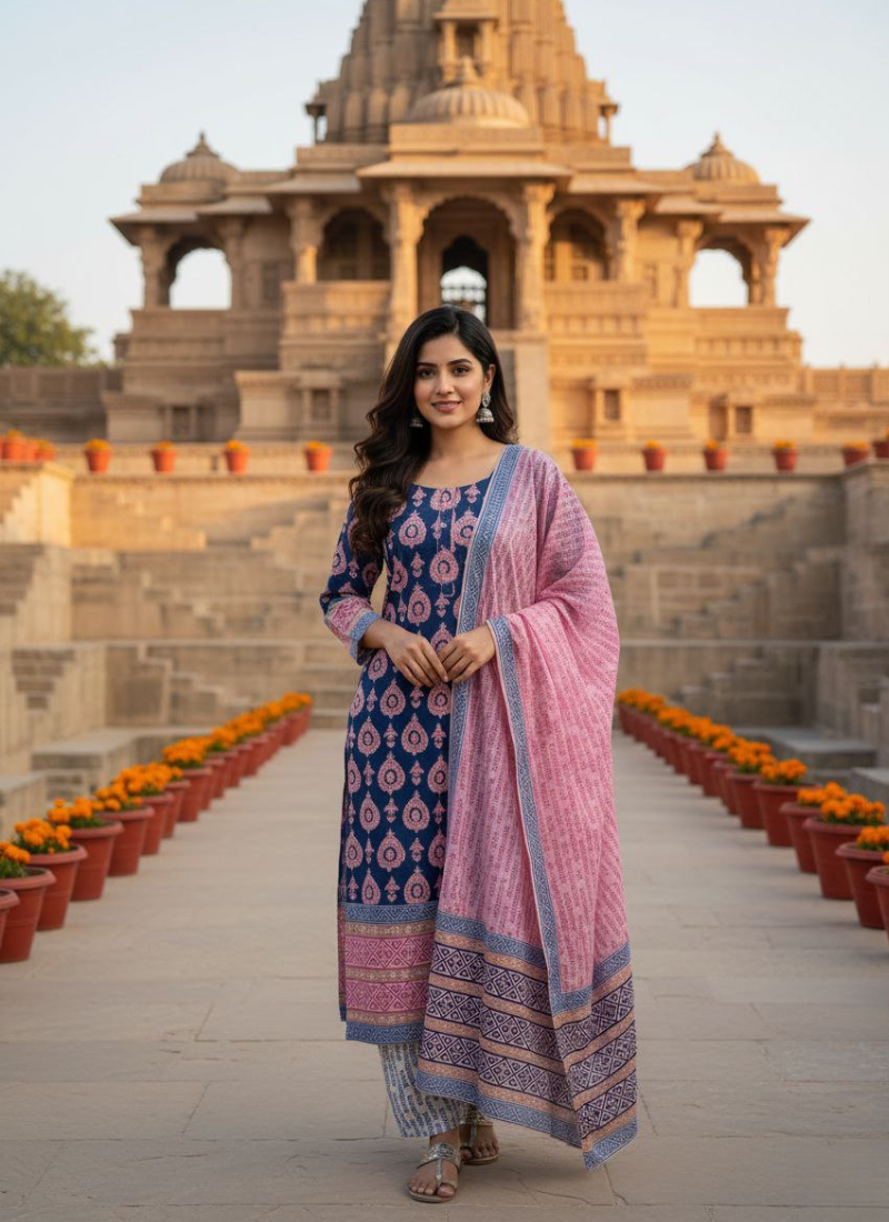 Cotton Block Printed Salwar Suit – Royal Blue & Pink