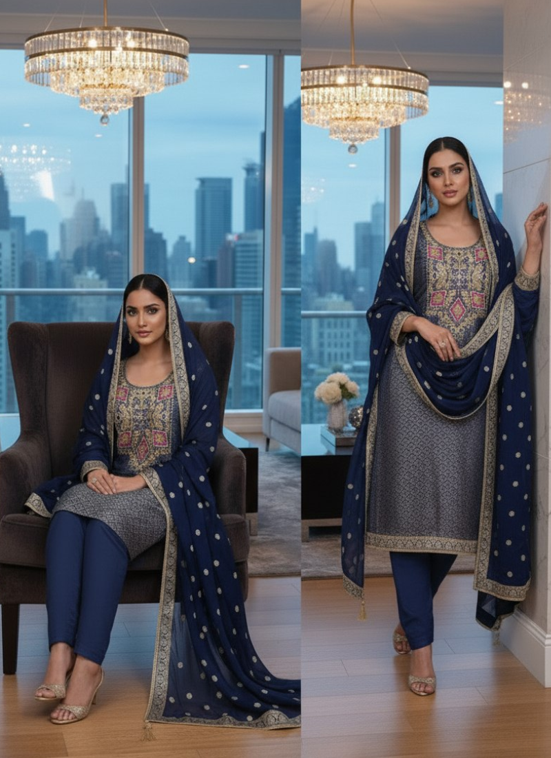 Jacquard Banarasi Salwar Suit – Hand Embroidery & Chiffon Dupatta