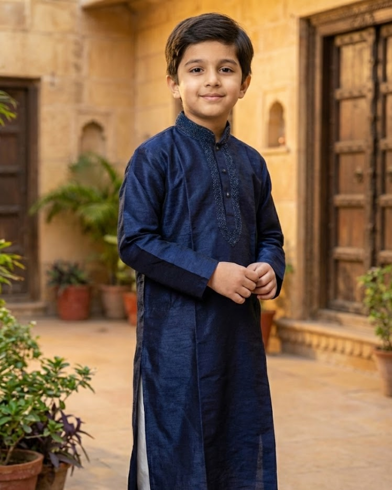 Kids Navy Blue Raw Silk Kurta with White Cotton Pyjama