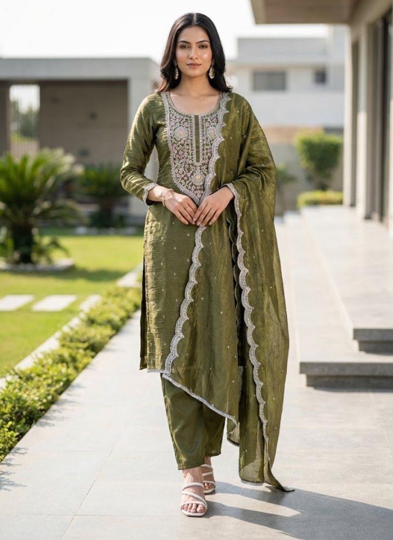 Gold Crush Punjabi Suit with Sequins Embroidery & Dupatta