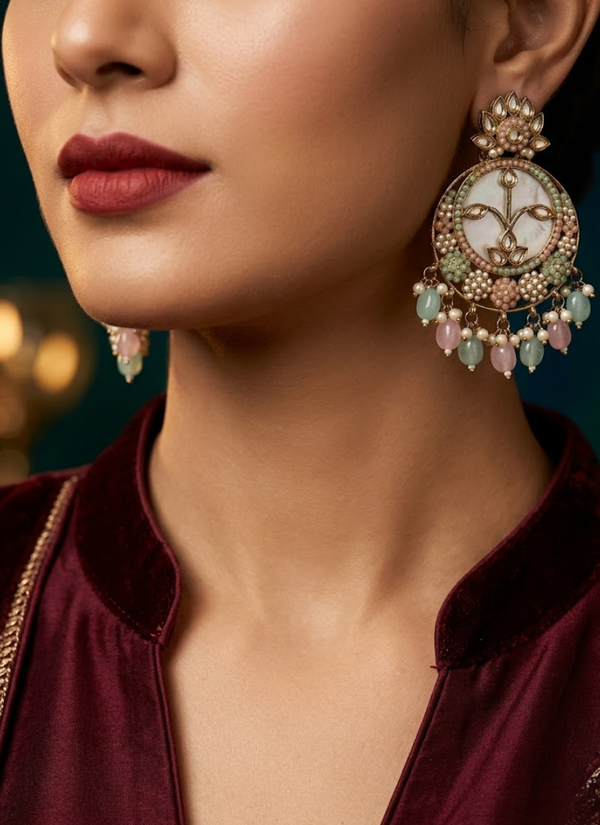Sea Green with Baby Pink Kundan Chandbali