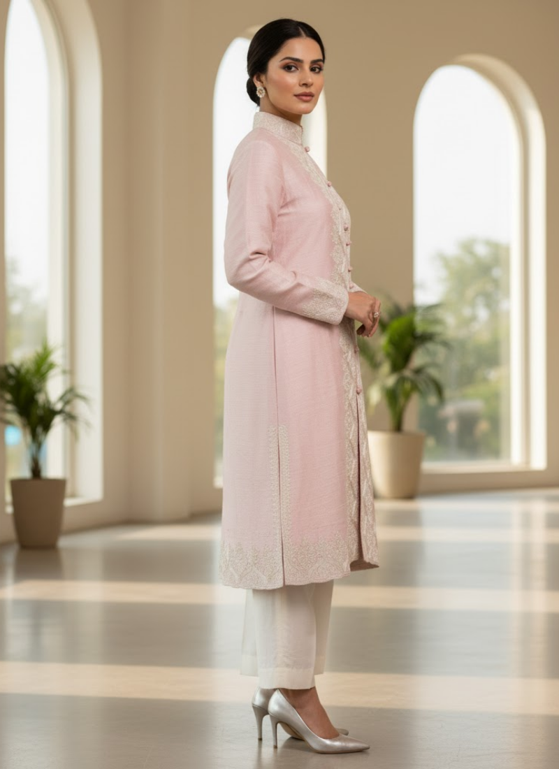 Light Pink Winter Kashmiri Long Coat for Women – Silk with Embroidery