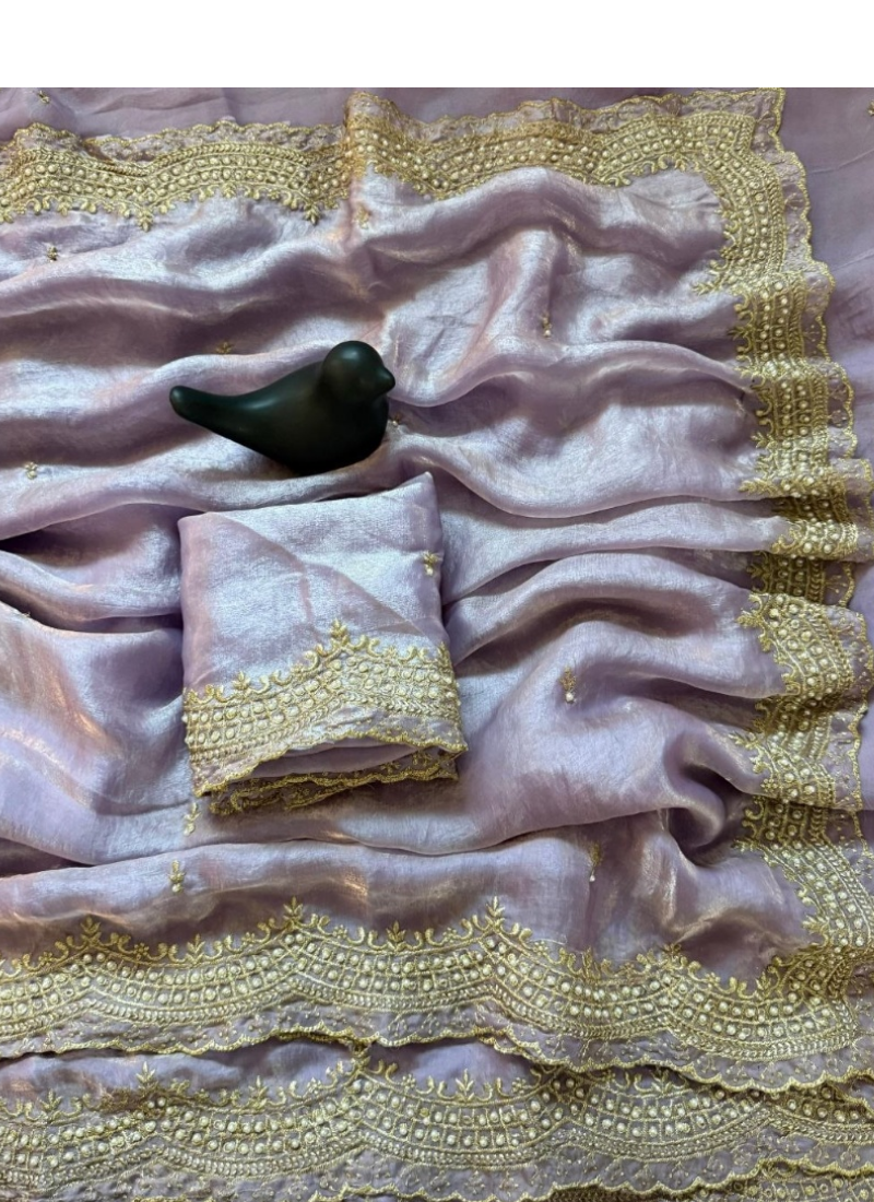 Fendy Satin Silk Saree – Gold Embroidery with Pearl Detailing & Matching Blouse