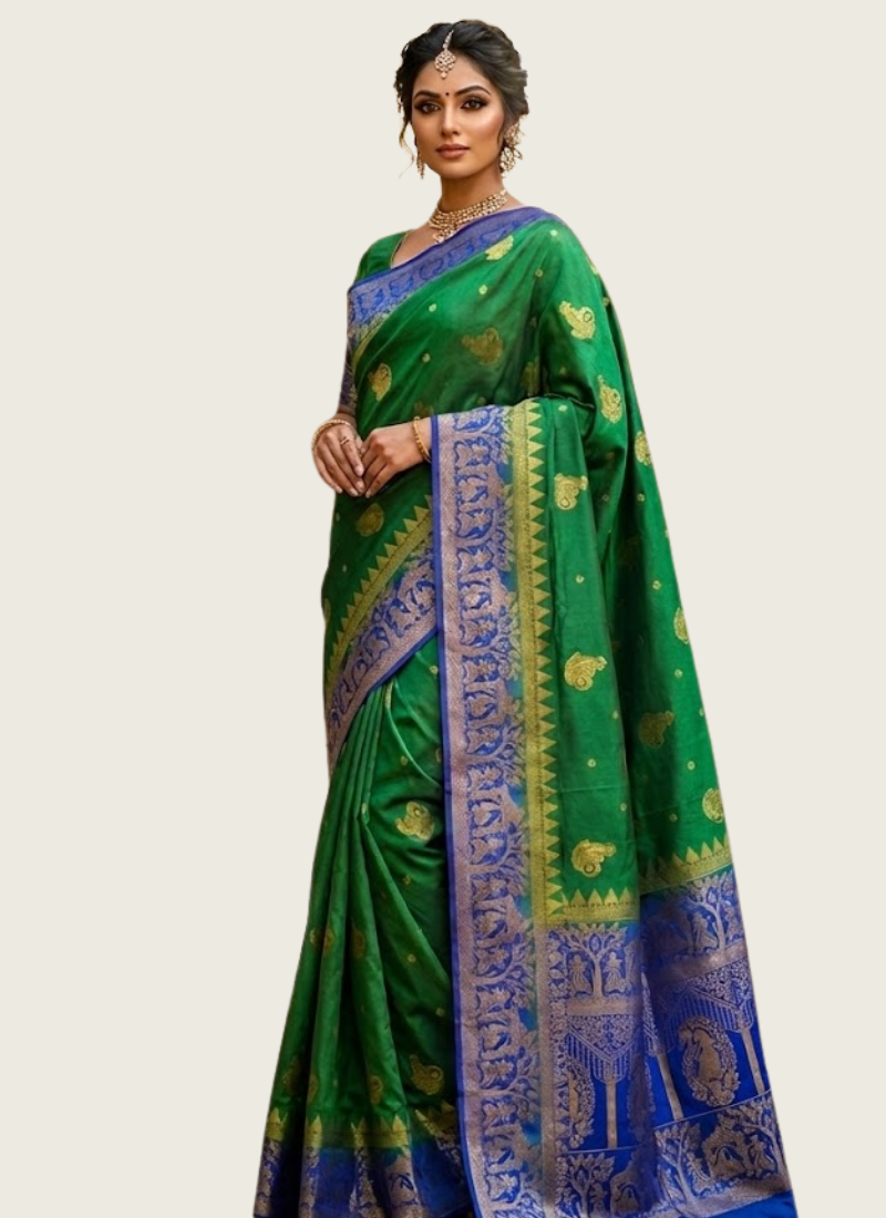 Bangalori Baluchuri Silk Saree – Green & Blue with Blouse Piece