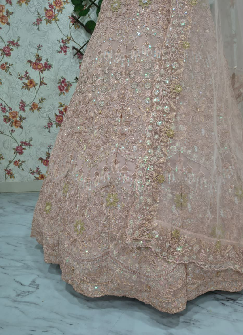 Pink Faux Georgette Bridal Lehenga Choli with Sequins & Dori Embroidery + Net Dupatta