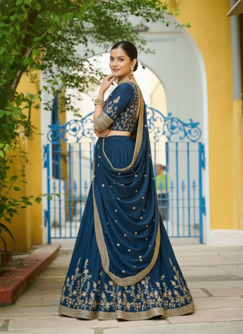 Vichitra Silk Sequins Embroidered Lehenga Set