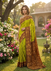 Parrot Green & Yellow Batik Print Saree 2