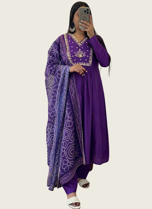 Dark Wine Chanderi Cotton Anarkali Gown with Taby Silk Dupatta Australia
