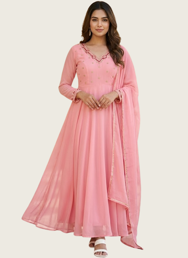 Fox Georgette Anarkali Suit with Handwork & Golden Lace Dupatta Australia