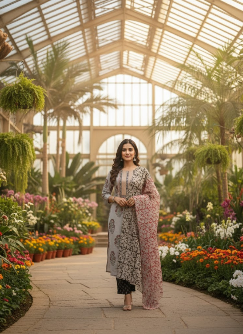 Cotton Block Printed Salwar Suit – Ash & Red