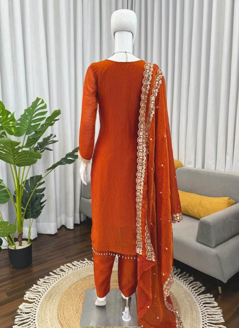 Punjabi Suit in Fendy Silk with Thread & Sequins Embroidery + Cutwork Dupatta