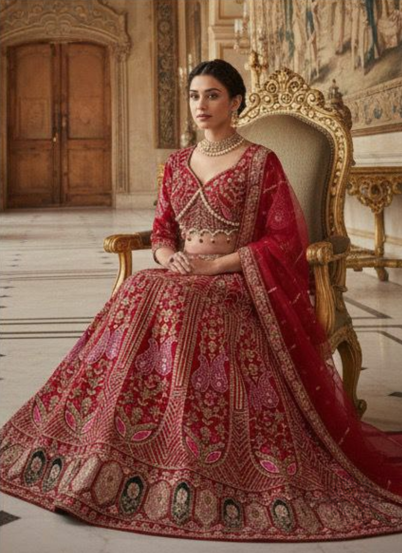 Red Kasturi Silk Bridal Lehenga Choli with Heavy Sequins & Pearl Embroidery + Net Dupatta