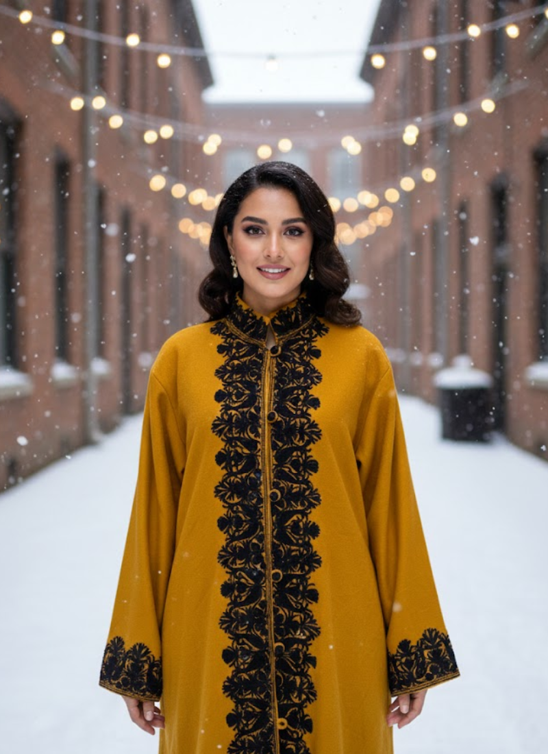 Kashmiri Pashmina Coat – Mustard Yellow Embroidered