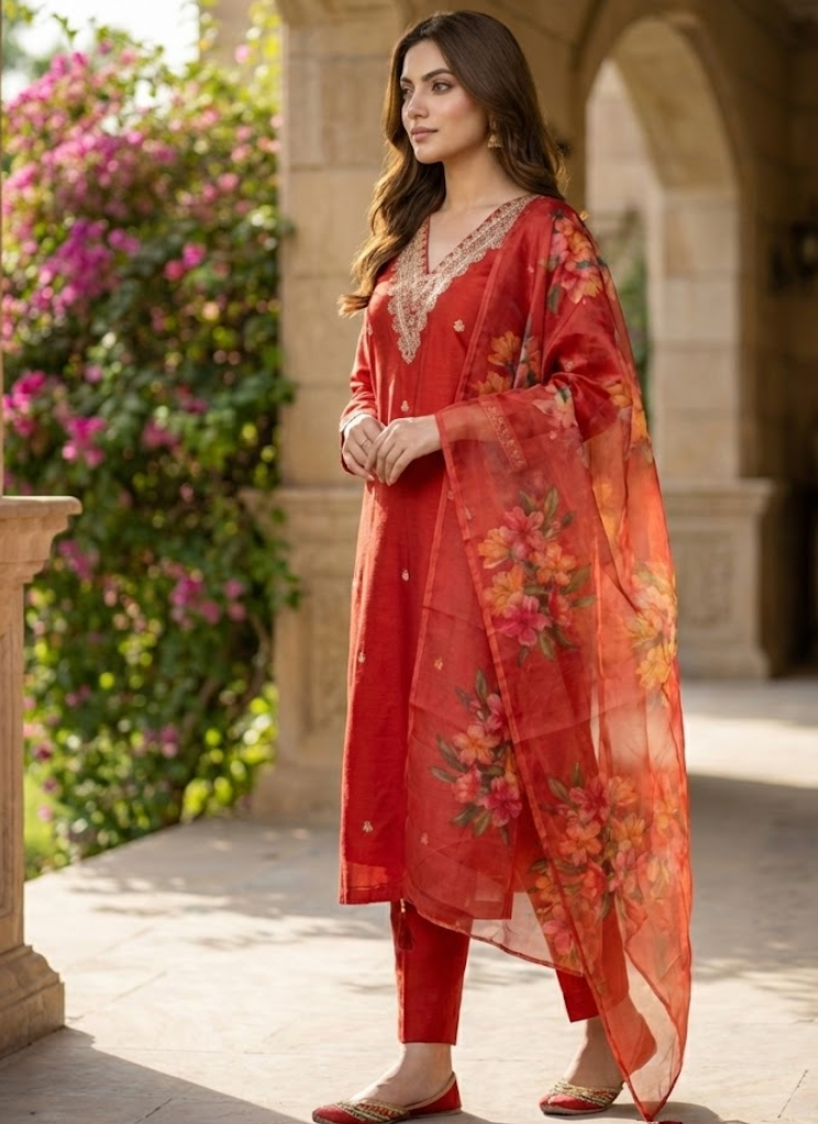 Rayon Slub Straight Punjabi Suit with Embroidery & Chanderi Dupatta