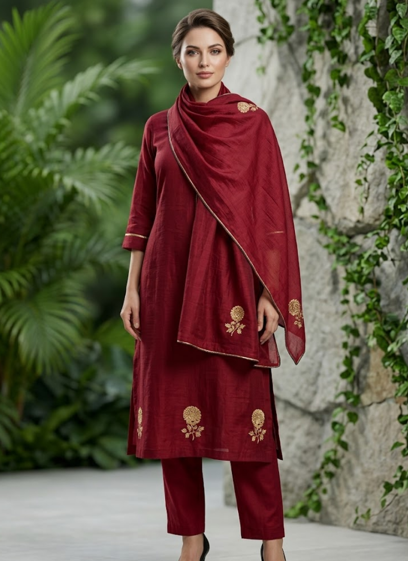 Mul Chanderi Kurta Set – Heavy Work with Pant & Dupatta (4 Colors) Australia