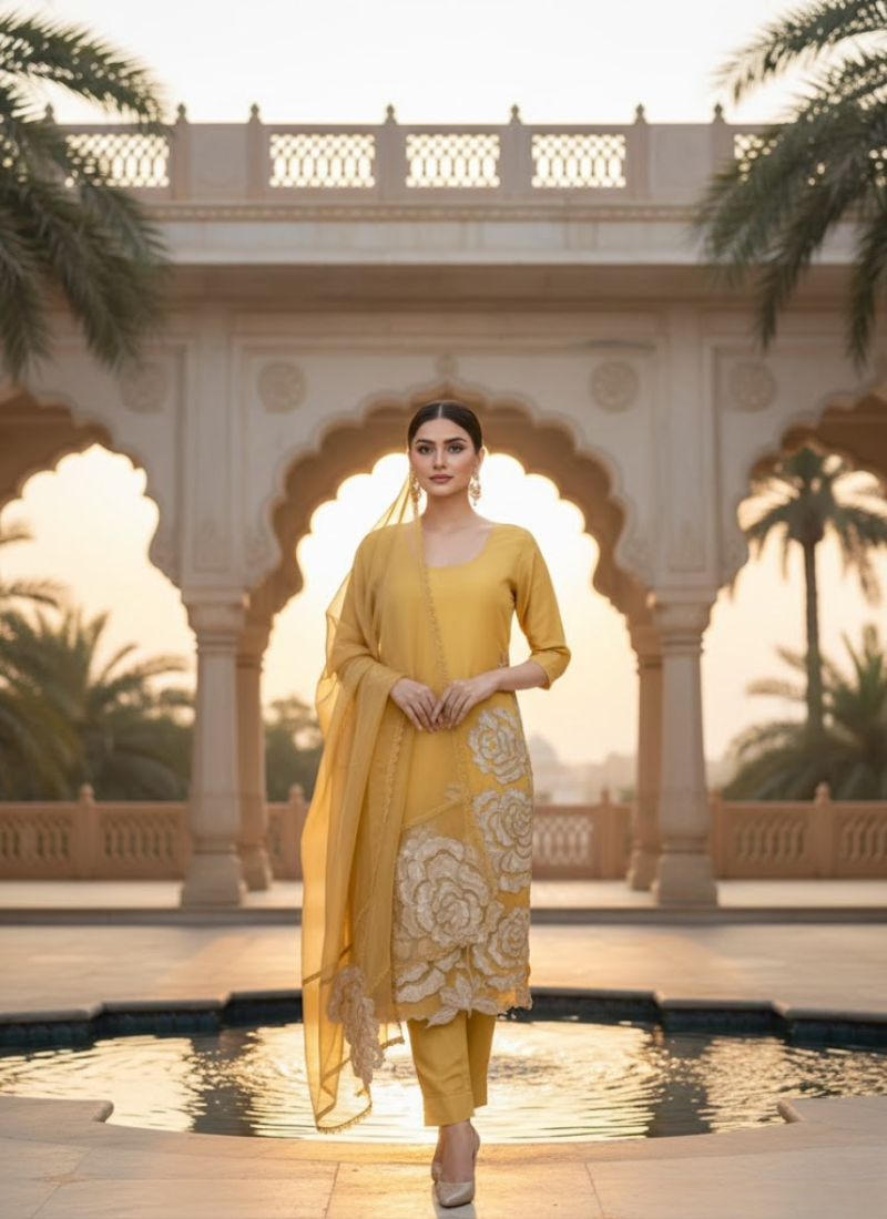 Yellow Gold Silk Organza Salwar Kameez with Cut Work Dupatta