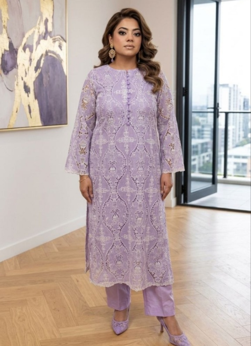 Lilac Silk Chikankari Co-Ord Set with Divider Bottom - View 2