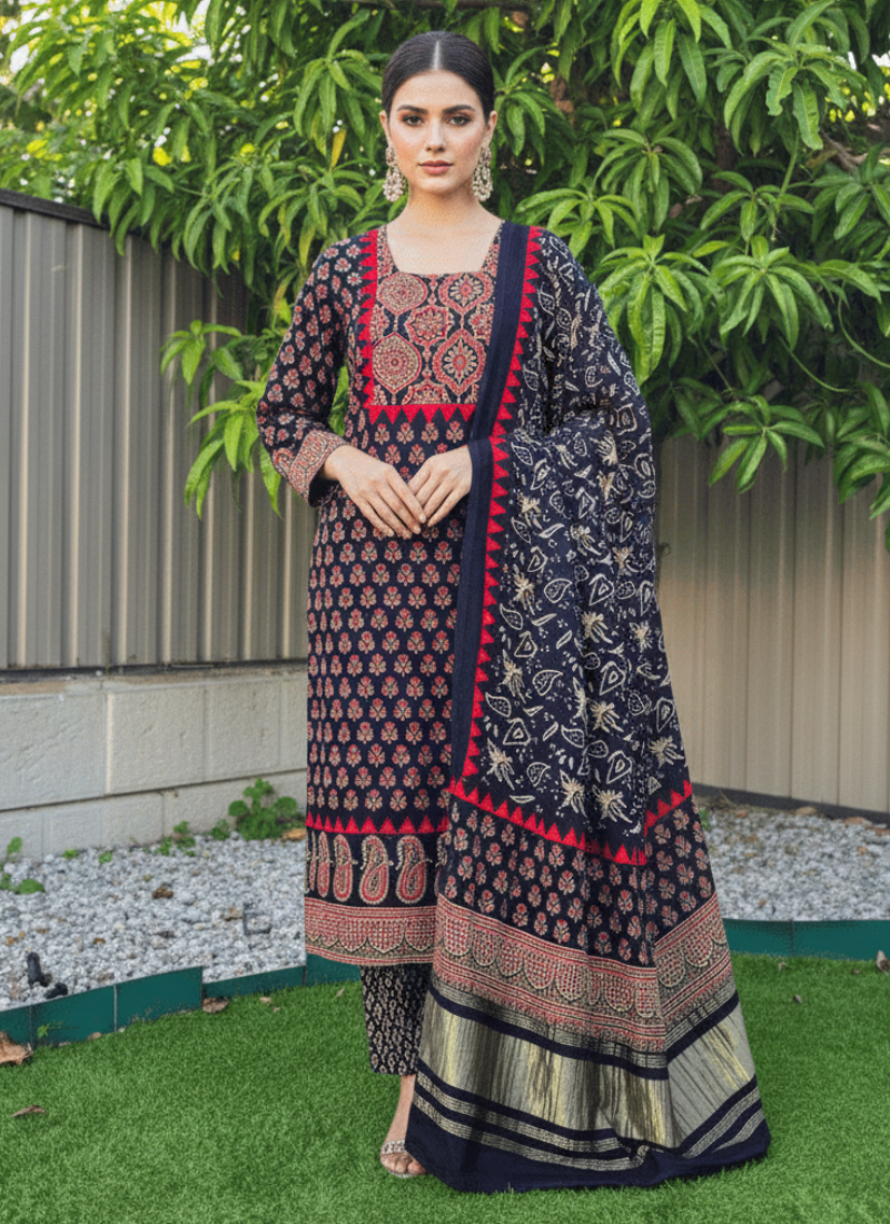 Green Ajrak Salwar Suit – Pure Modal Fabric with Jari Border Dupatta Australia