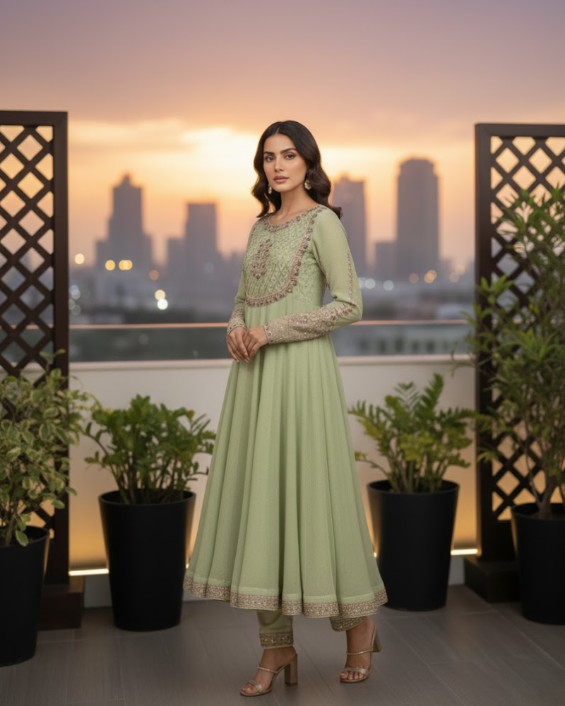 Pista Green Anarkoli Dress – Embroidered Chiffon with Silk Dupattac