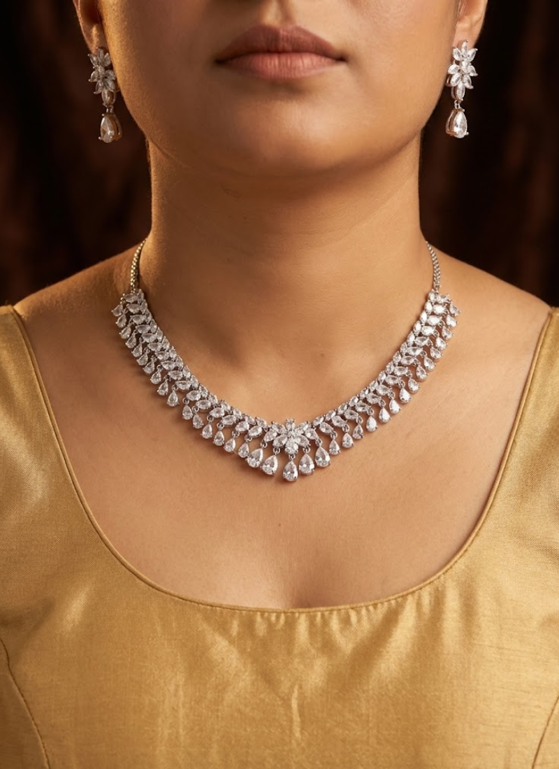 Diamond Cut Necklace & Earring Set with Premium Stone Setting