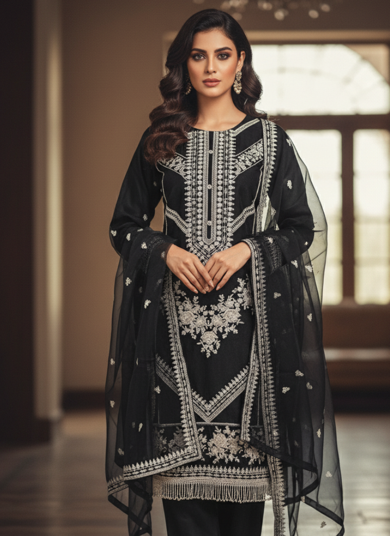 Black Pakistani Salwar Suit – Organza with Embroidery & Cotton Pajama