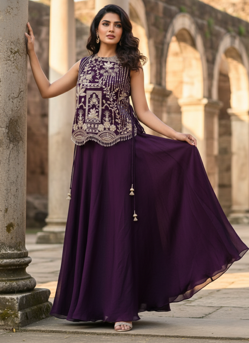 Vichitra Silk Lehenga Set with Embroidered Shrug