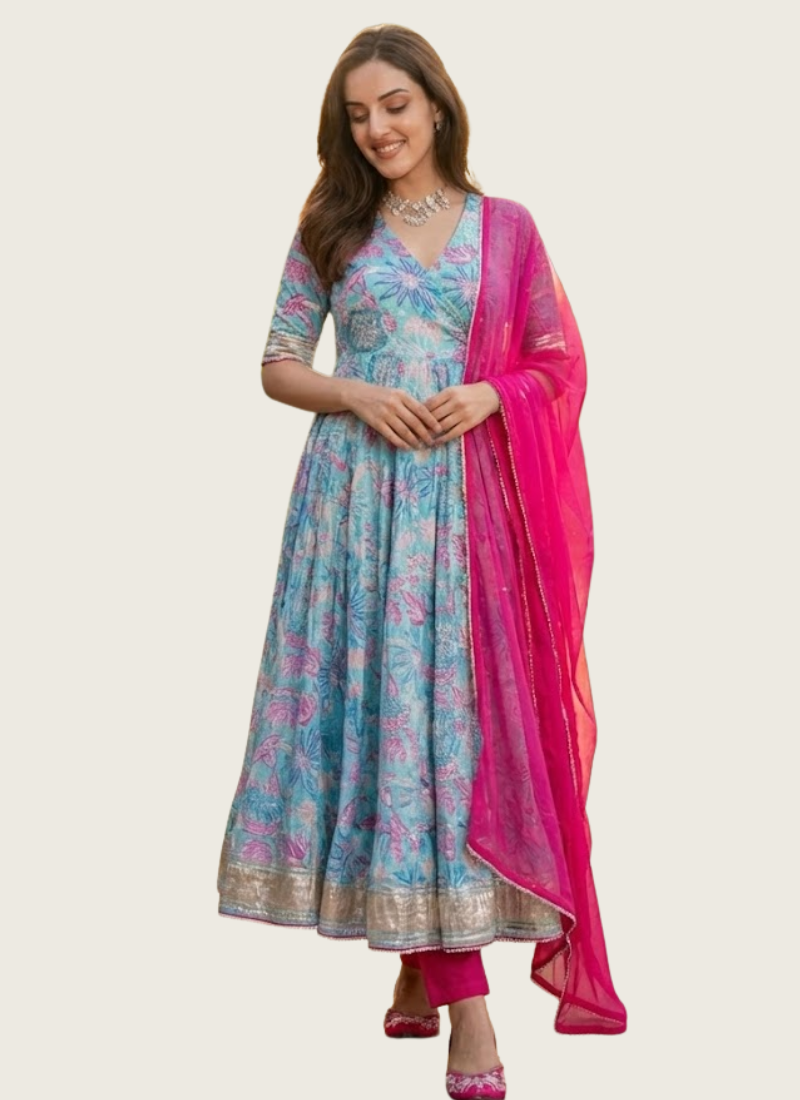 Maslin Anarkali Salwar Suit with Lace Work & Dupatta