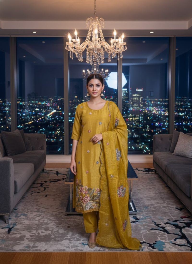 Crepe Silk Salwar Suit – Gold Yellow with Floral Embroidery
