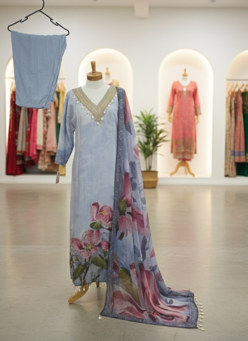 Light Purple Salwar Kameez with Embroidery & Printed Dupatta