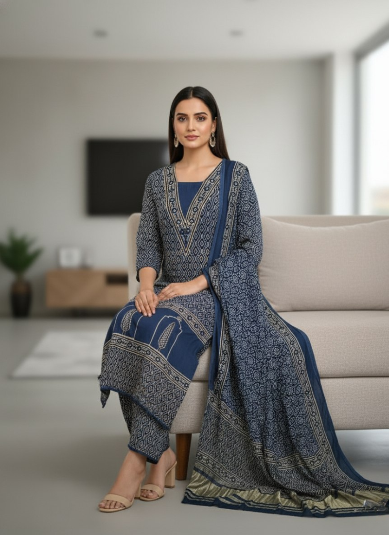 Pure Modal Ajrak Salwar Suit – Kari Border Dupatta