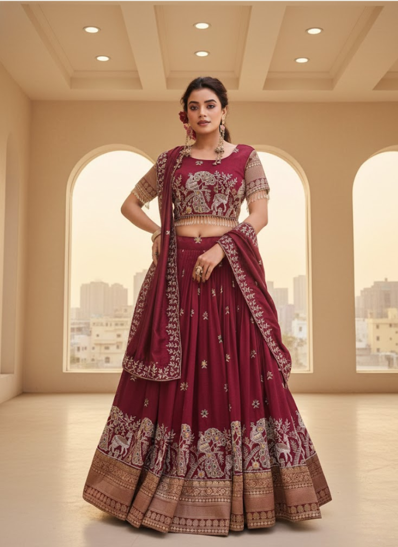 Pure Vichitra Embroidered Lehenga Choli Ensemble