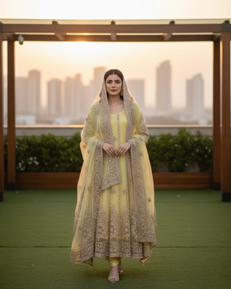 Yellow Net Pakistani Anarkali Dress – Gota Patti Hand Work