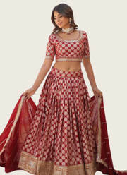 Red Viscose Jacquard Bridal Lehenga Choli with Sequins Embroidery + Georgette Dupatta 1