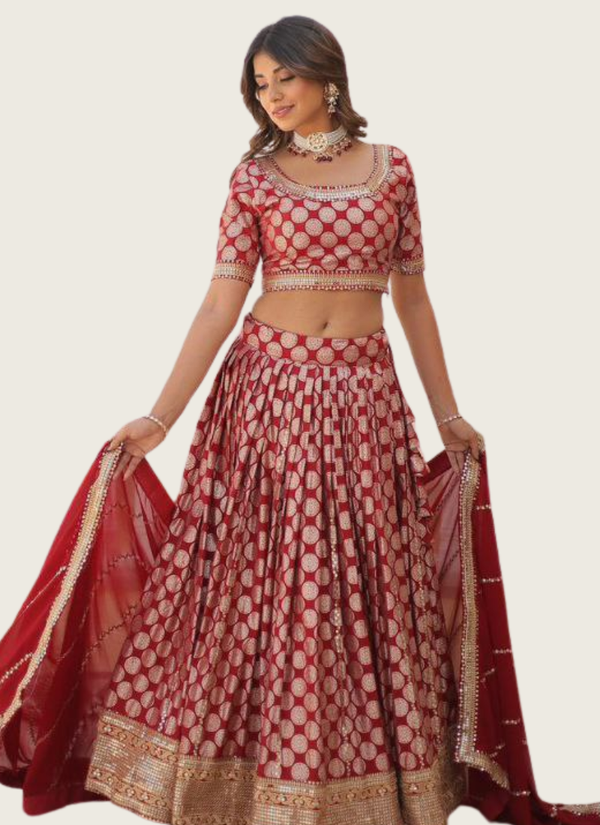 Red Viscose Jacquard Bridal Lehenga Choli with Sequins Embroidery + Georgette Dupatta Australia