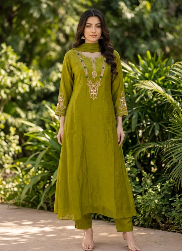Mul Chanderi Kurta Pant Dupatta Set | Designer Indian Fashion for Women Australia