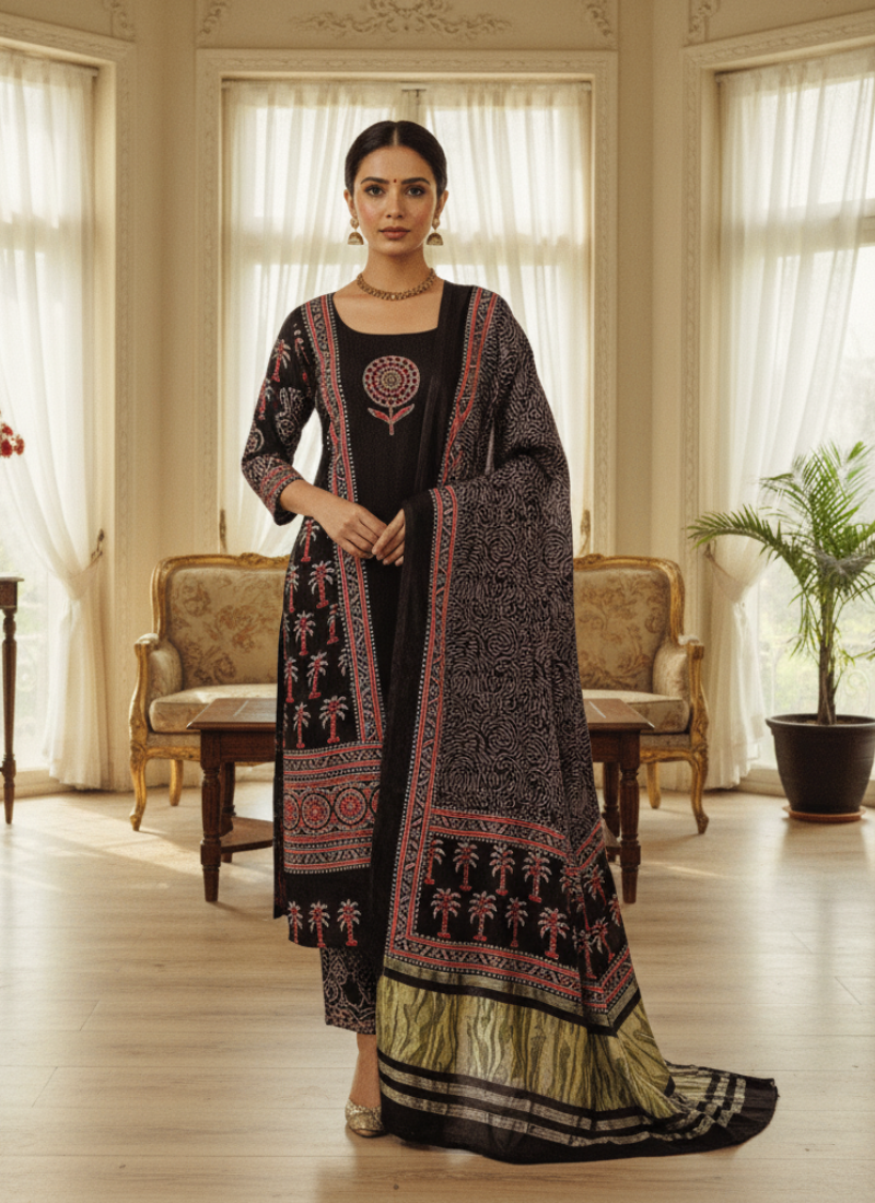 Green Ajrak Salwar Suit – Pure Modal with Jari Border Dupatta