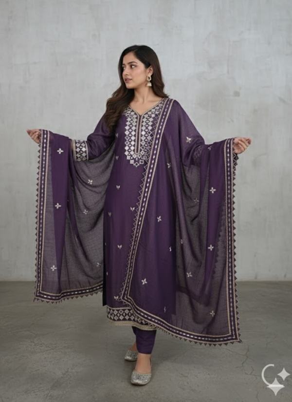 Dark Purple Shimary Silk Salwar Suit with Mirror Work