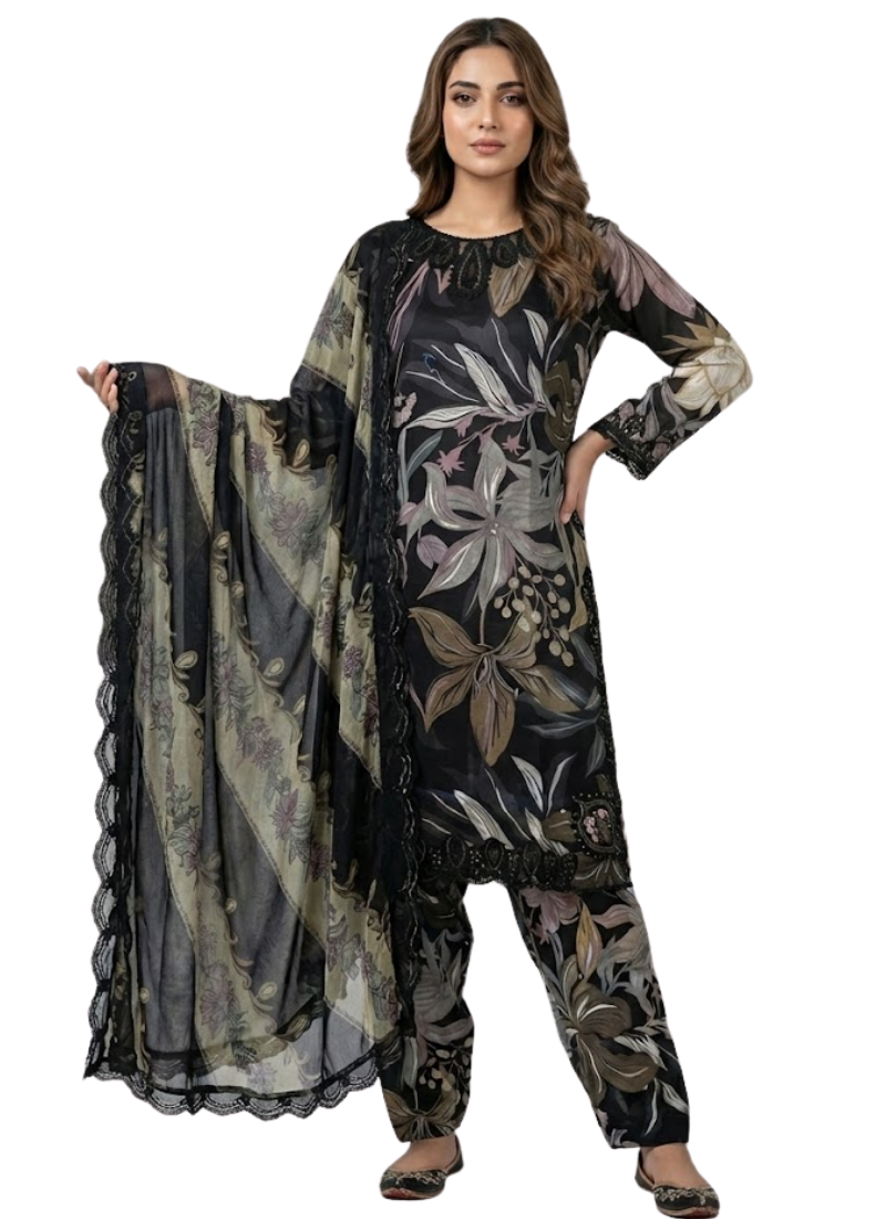 Women’s lawn cotton salwar kameez with chiffon dupatta, embroidered sleeves, and festive detailing.